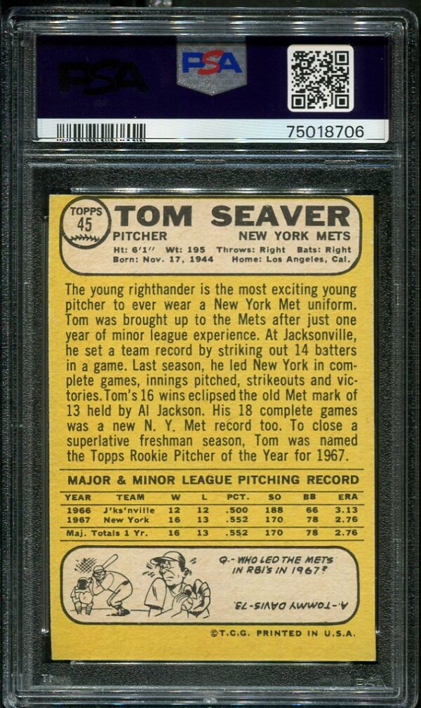 Authentic 1968 Topps Milton Bradley #45 Tom Seaver PSA 7 Baseball Card