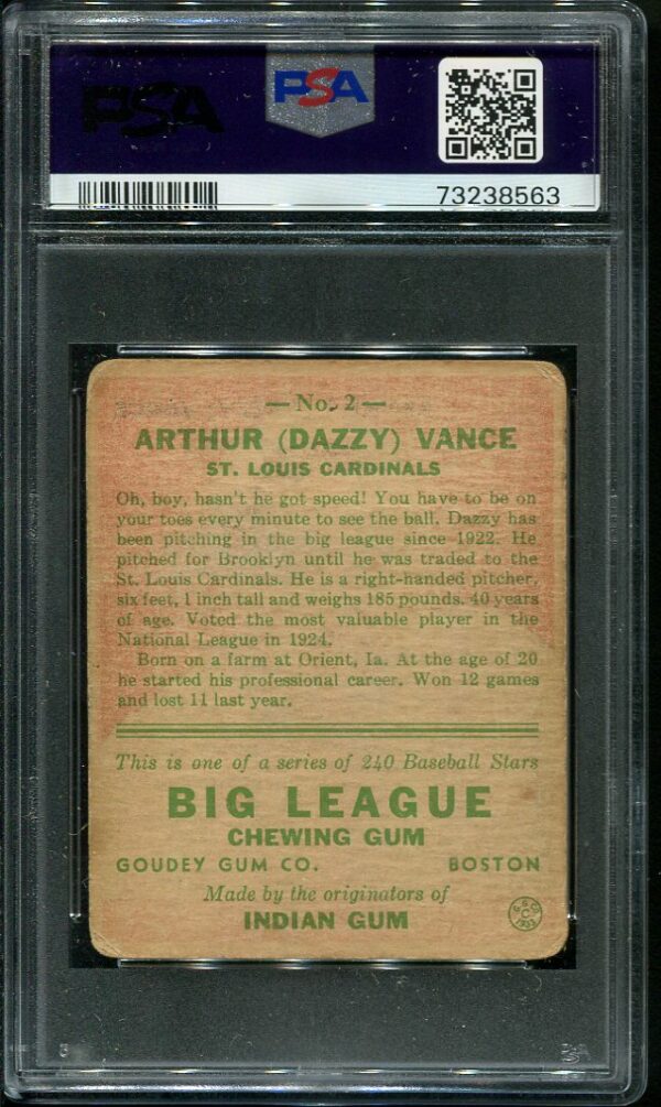 Authentic 1933 Goudey #2 Dazzy Vance PSA 1.5 Vintage Baseball Card