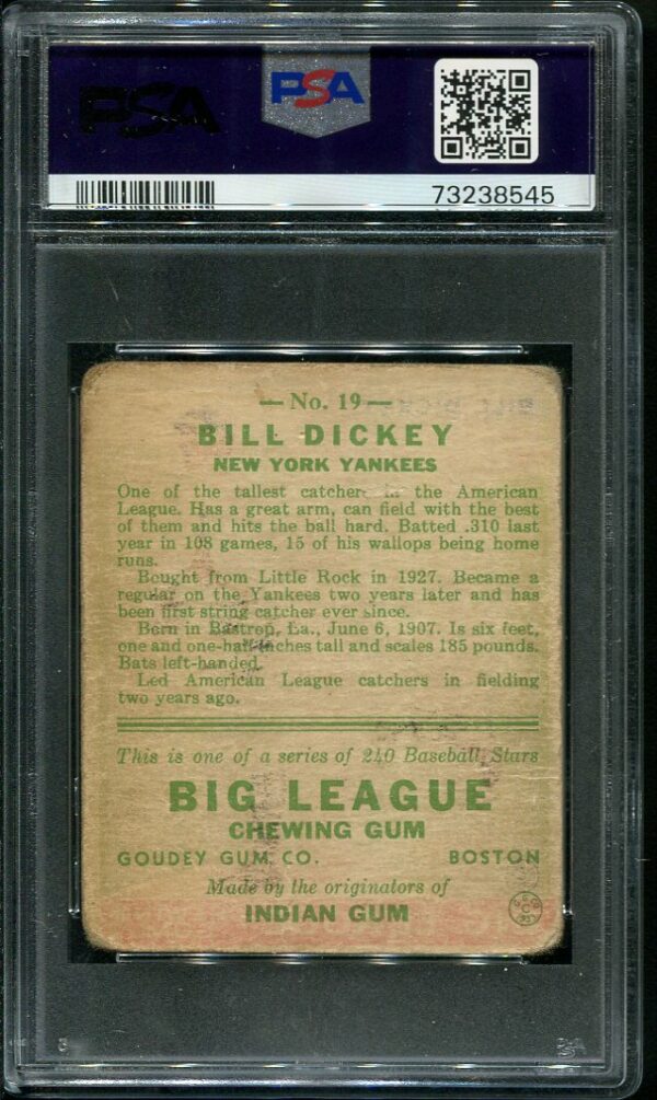 Authentic 1933 Goudey #19 Bill Dickey PSA 1.5 Vintage Baseball Card