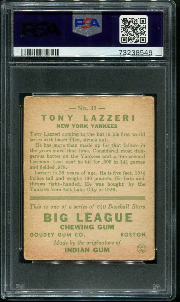 Authentic 1933 Goudey #31 Tony Lazzeri PSA 2 Vintage Baseball Card