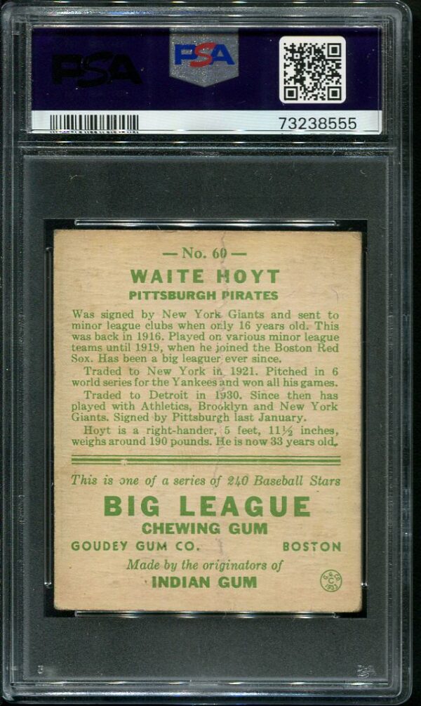 Authentic 1933 Goudey #50 Waite Hoyt PSA 2 Vintage Baseball Card