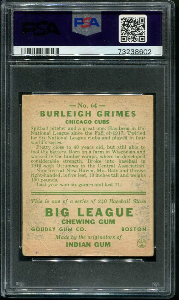 Authentic 1933 Goudey #64 Burleigh Grimes PSA 3 Vintage Baseball Card