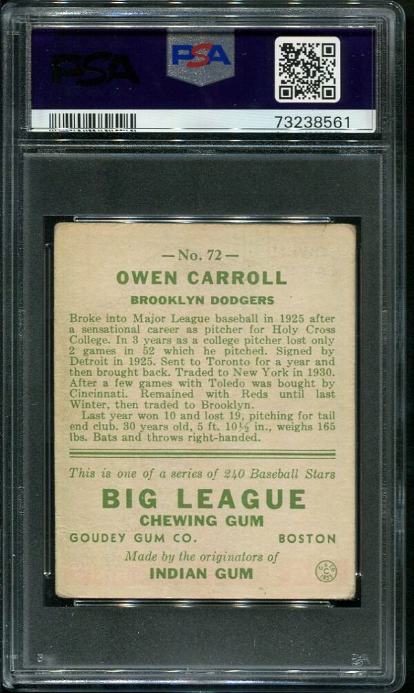 Authentic 1933 Goudey #72 Owen Carroll PSA 2 Vintage Baseball Card