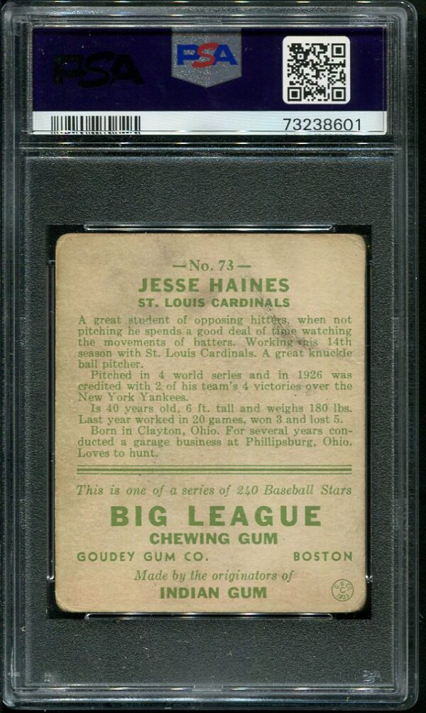 Authentic 1933 Goudey #73 Jesse Haines PSA 1 Vintage Baseball Card
