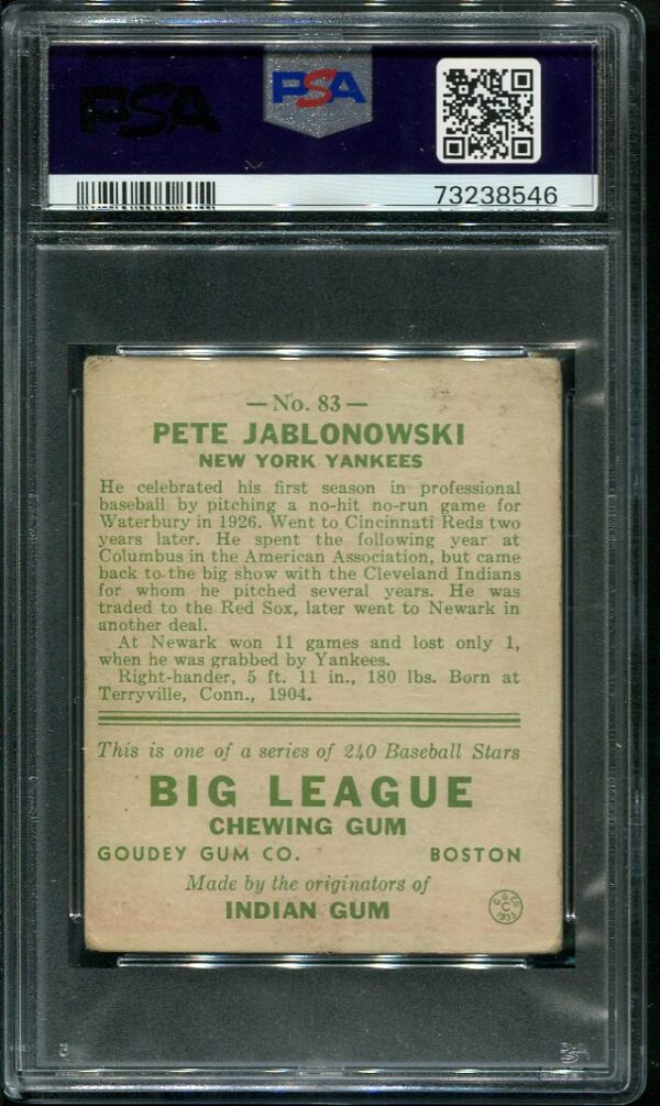 Authentic 1933 Goudey #83 Pete Jablonowski PSA 2 Vintage Baseball Card