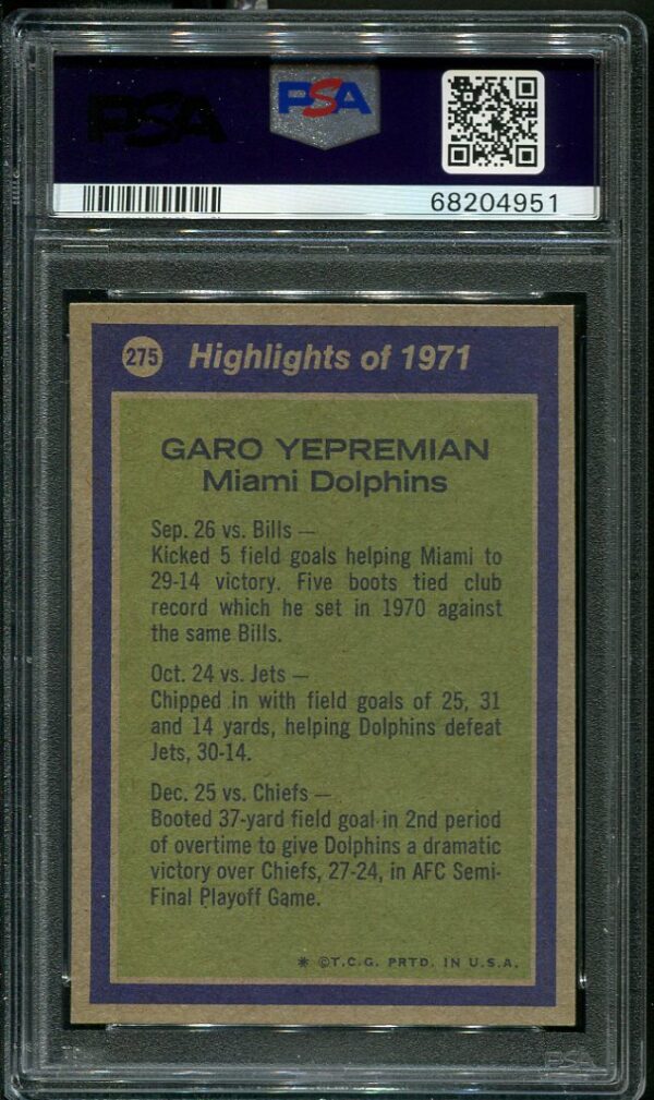 Authentic 1972 Topps #275 Garo Yepremian All Pro PSA 8 Football Card