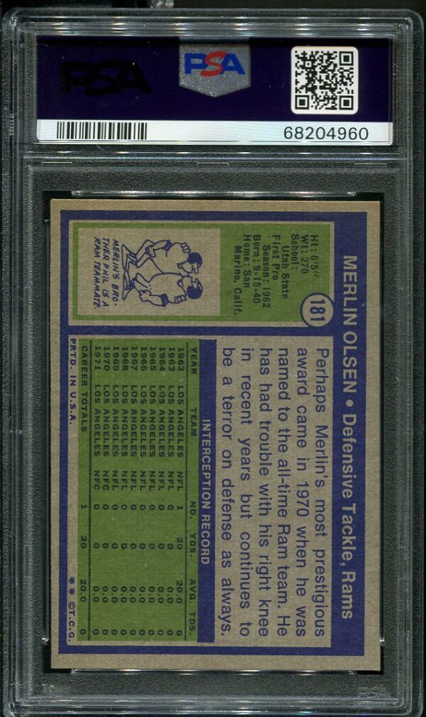 Authentic 1972 Topps #181 Merlin Olsen PSA 7 Football Card