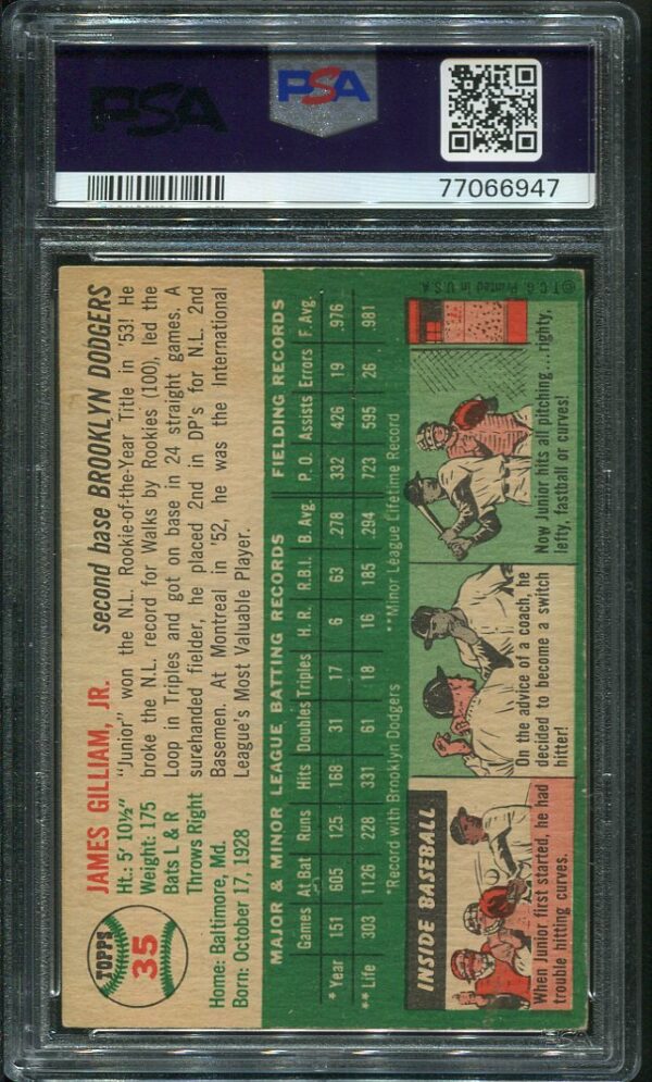 Authentic 1954 Topps #35 Junior Gilliam PSA 6 Baseball Card