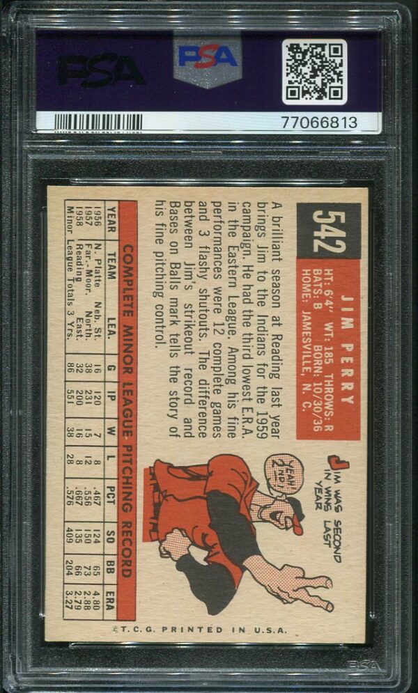 Authentic 1959 Topps #542 Jim Perry PSA 7 Rookie Vintage Baseball Card