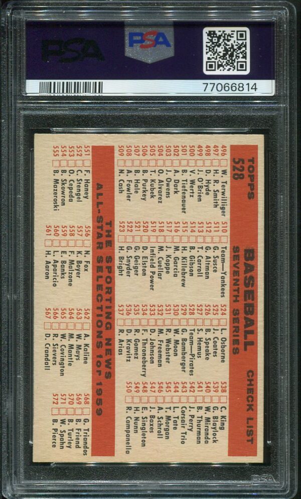 Authentic 1959 Topps #528 Pirates Team PSA 6 Vintage Baseball Card