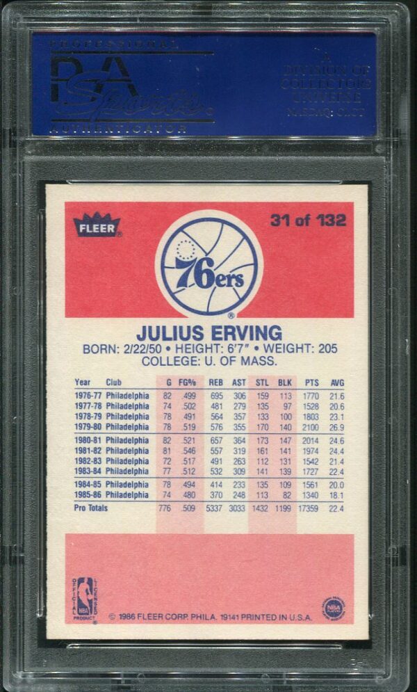 Authentic 1986 Fleer #31 Julius Erving PSA 10 Basketball Card