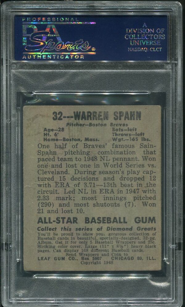 Authentic 1948 Leaf #32 Warren Spahn PSA 3 Rookie Baseball Card