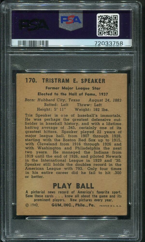 Authentic 1940 Play Ball #170 Tris Speaker PSA 5 Vintage Baseball Card