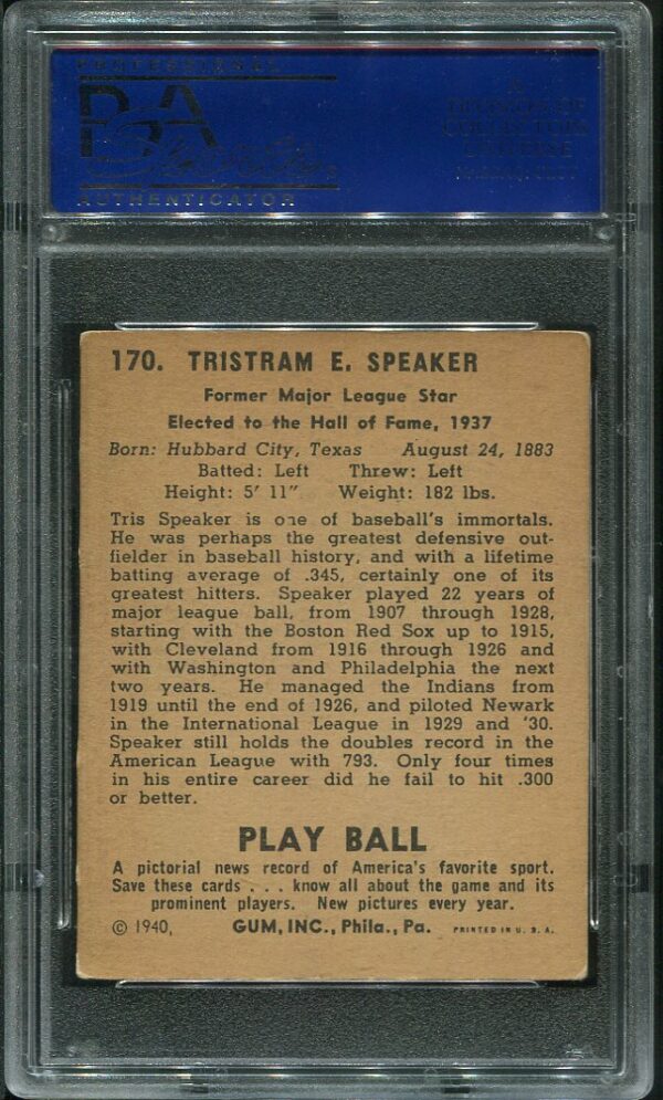 uthentic 1940 Play Ball #170 Tris Speaker PSA 4 Vintage Baseball Card