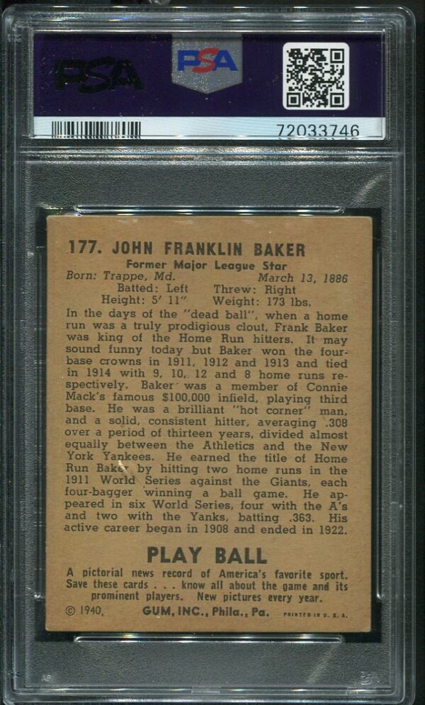 Authentic 1940 Play Ball #177 Home Run Baker PSA 5 Vintage Baseball Card