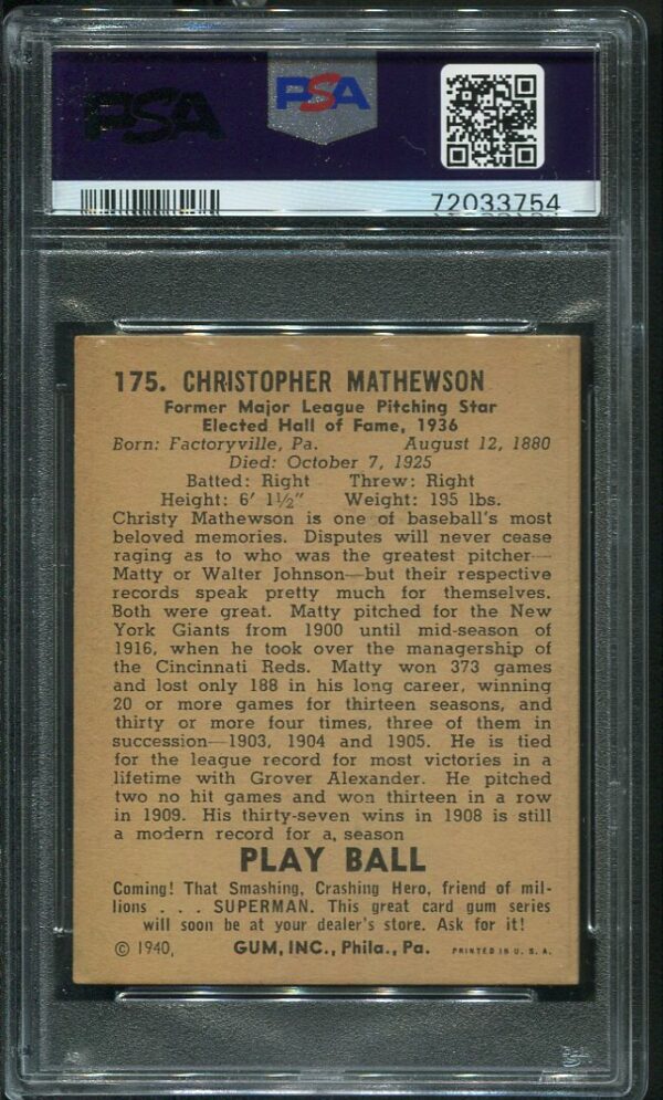Authentic 1940 Play Ball #175 Christy Mathewson PSA 5.5 Vintage Baseball Card