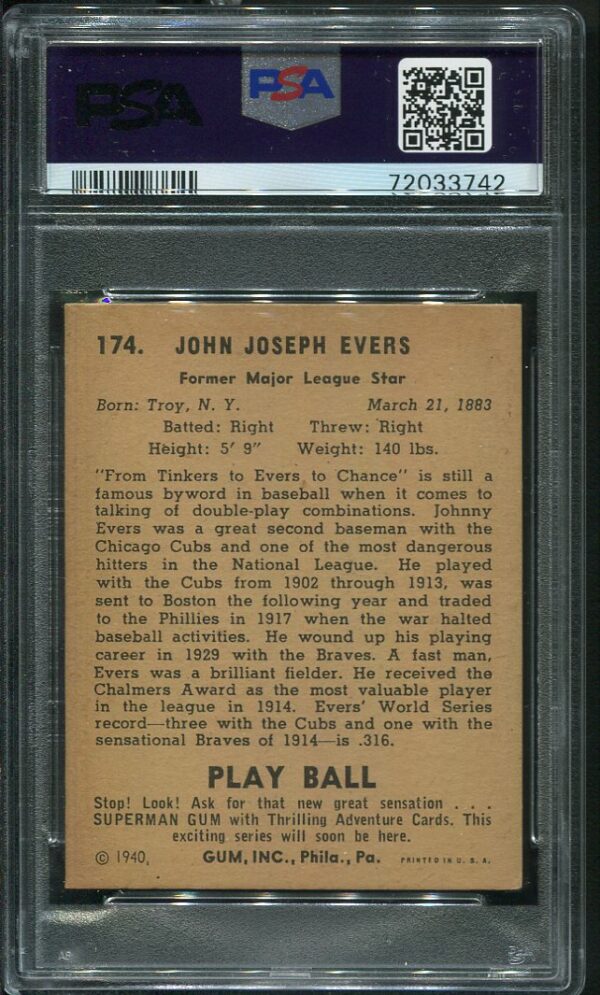 Authentic 1940 Play Ball #174 Johnny Evers PSA 6 Vintage Baseball Card