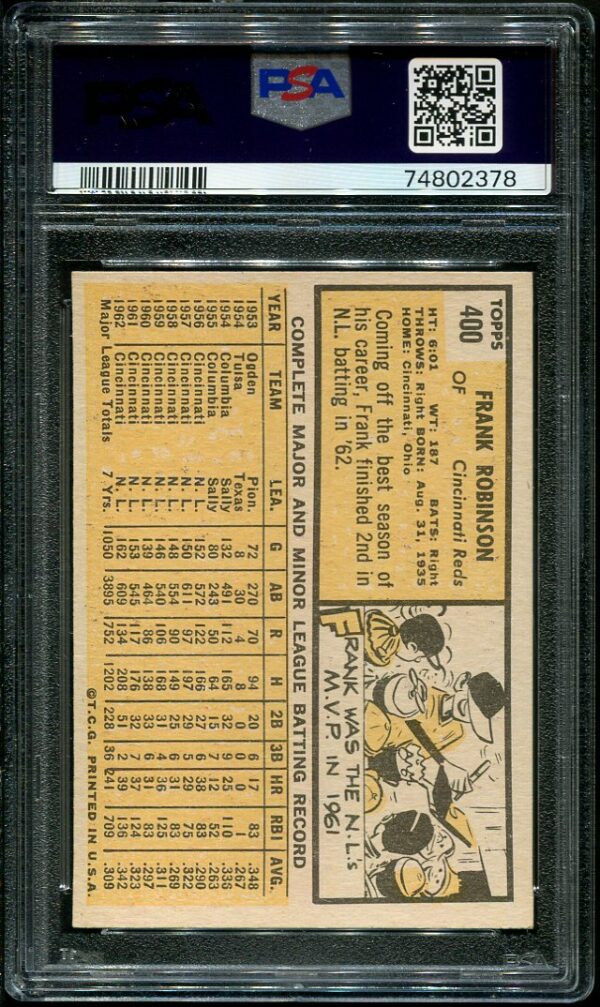Authentic 1963 Topps #400 Frank Robinson PSA 5 Baseball Card