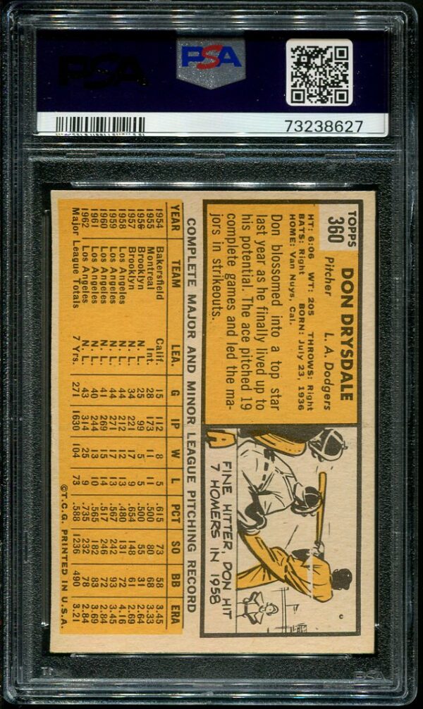 Authentic 1963 Topps #360 Don Drysdale PSA 5 Baseball Card