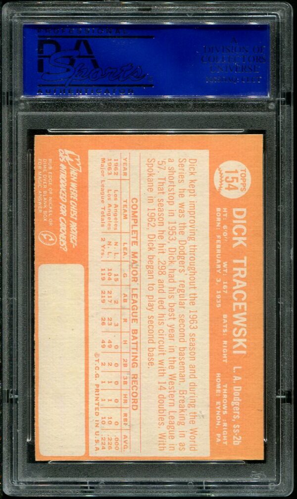 Authentic 1964 Topps #154 Dick Tracewski PSA 8 Baseball Card