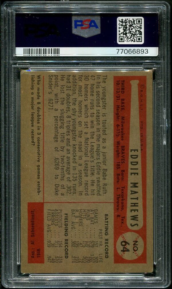 Authentic 1954 Bowman #64 Eddie Mathews PSA 2.5 Baseball Card