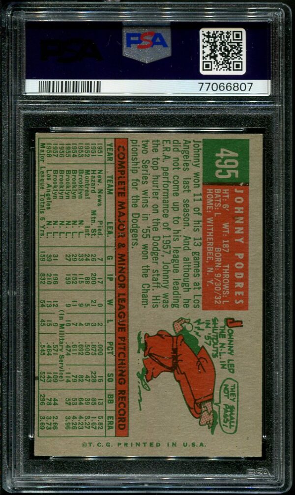Authentic 1959 Topps #495 Johnny Podres PSA 7 Baseball Card