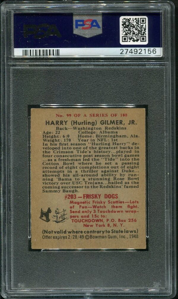 Authentic 1948 Bowman #99 Harry Gilmer PSA 7 Football Card