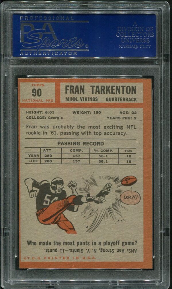 Authentic 1962 Topps #90 Fran Tarkenton PSA 7 Rookie Football Card