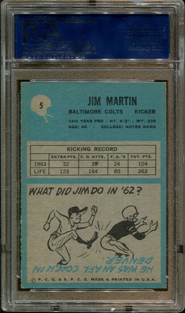 Authentic 1964 Philadelphia #5 Jim Martin PSA 8 Football Card