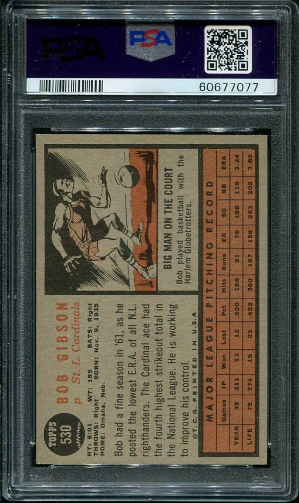 Authentic 1962 Topps #530 Bob Gibson PSA 6 Baseball Card
