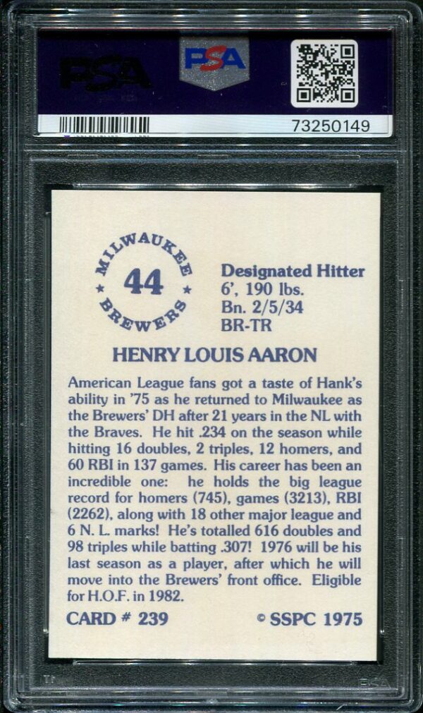 Authentic 1975 SSPC #239 Hank Aaron PSA 10 Baseball Card