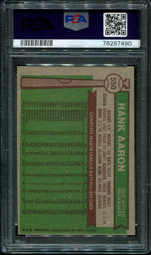 Authentic 1976 Topps #550 Hank Aaron PSA 6 Baseball Card