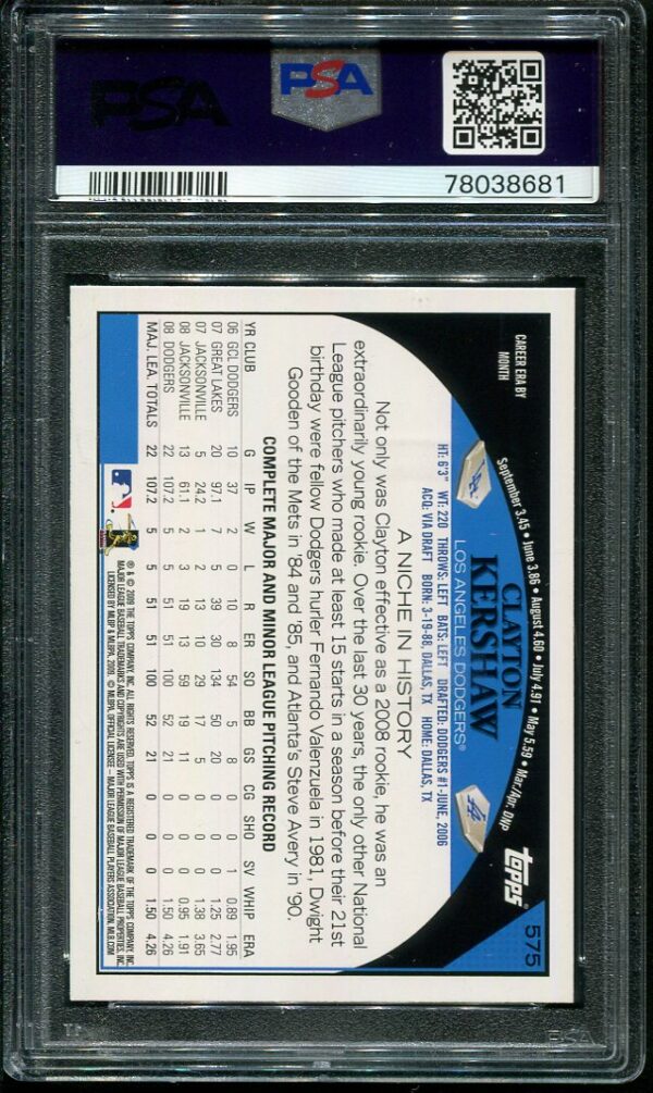 2009 Topps #575 Clayton Kershaw PSA 10 GEM MINT Baseball Card