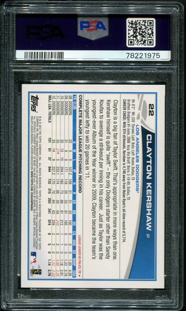 2013 Topps Pitching #22 Clayton Kershaw PSA 10 GEM MINT Baseball Card