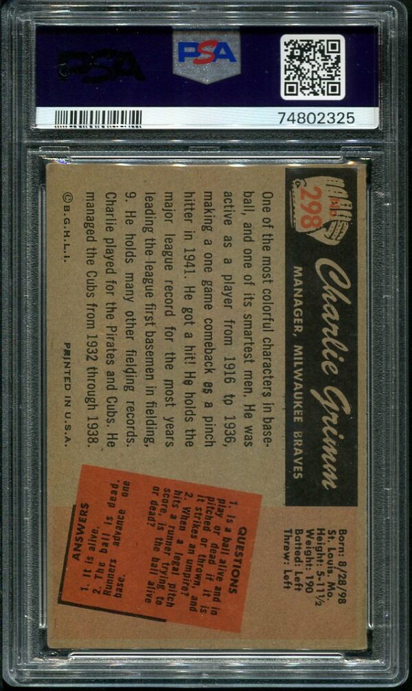 Authentic 1955 Bowman #298 Charlie Grimm PSA 4 Baseball Card
