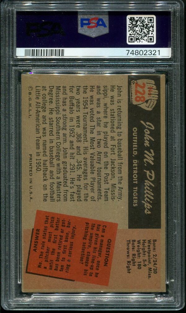Authentic 1955 Bowman #228 John M Phillips PSA 4.5 Baseball Card