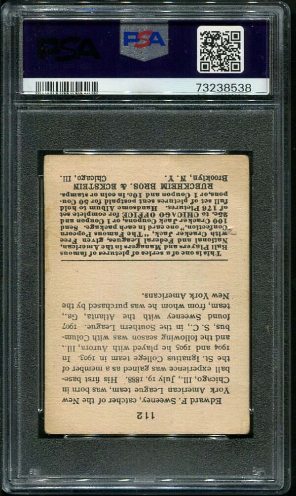 Authentic 1915 Cracker Jack #112 Edward Sweeney PSA 1 Vintage Baseball Card