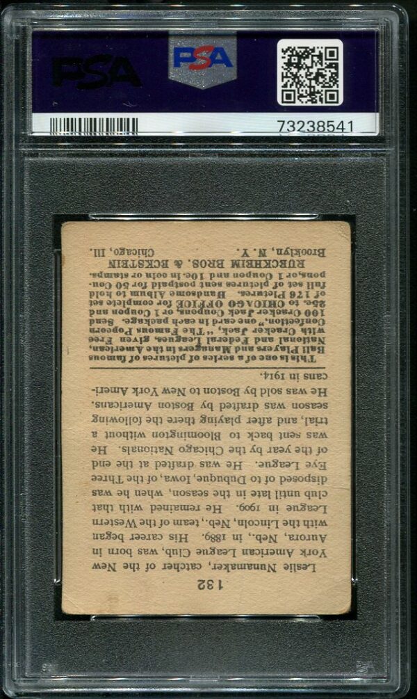 Authentic 1915 Cracker Jack #132 Les Nunamaker PSA 1.5 Vintage Baseball Card