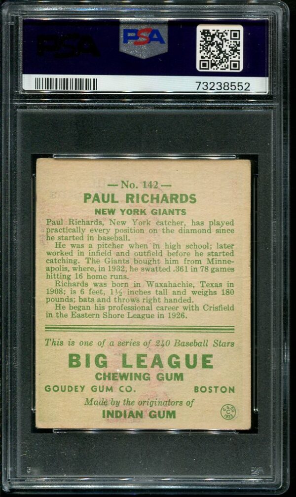 Authentic 1933 Goudey #142 Paul Richards PSA 1.5 Vintage Baseball Card