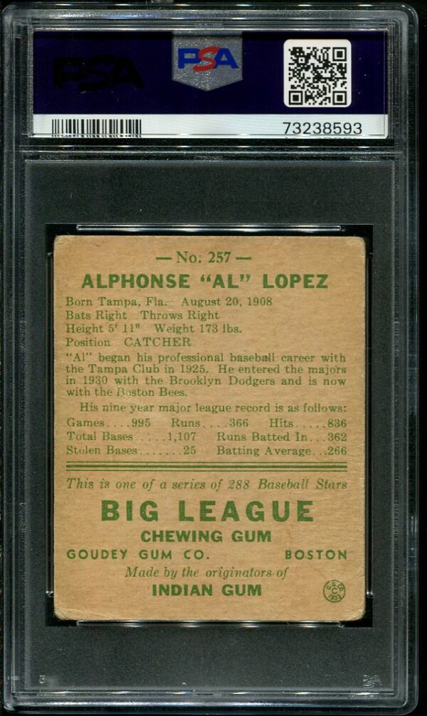 Authentic 1938 Goudey #257 Al Lopez PSA 1.5 Vintage Baseball Card