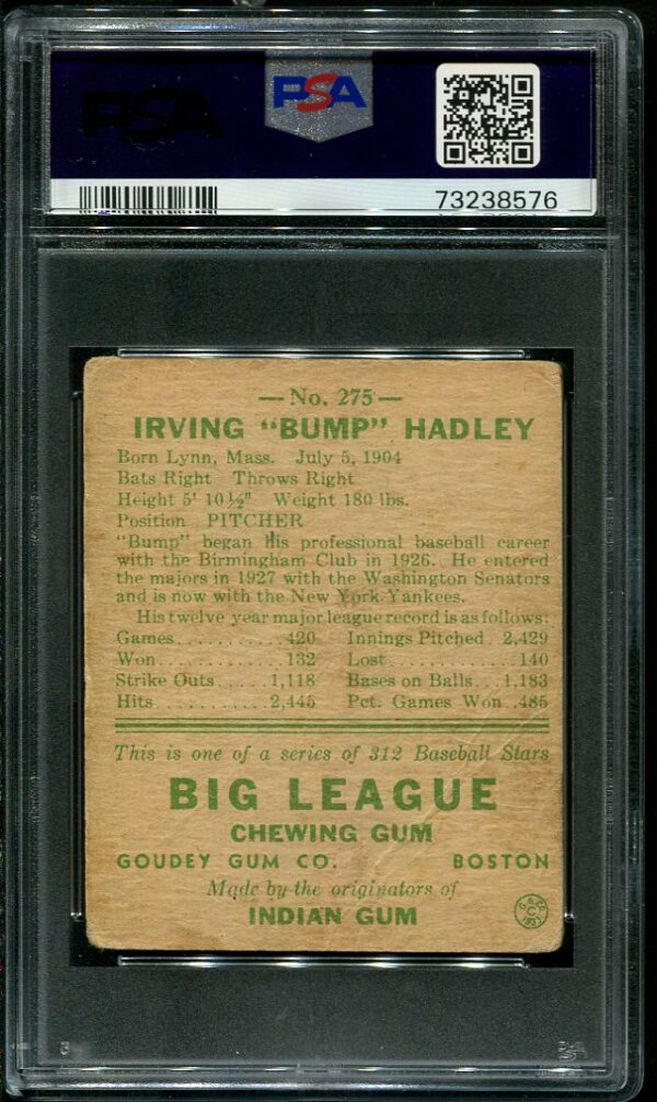 Authentic 1938 Goudey #275 Bump Hadley PSA 1 Vintage Baseball Card