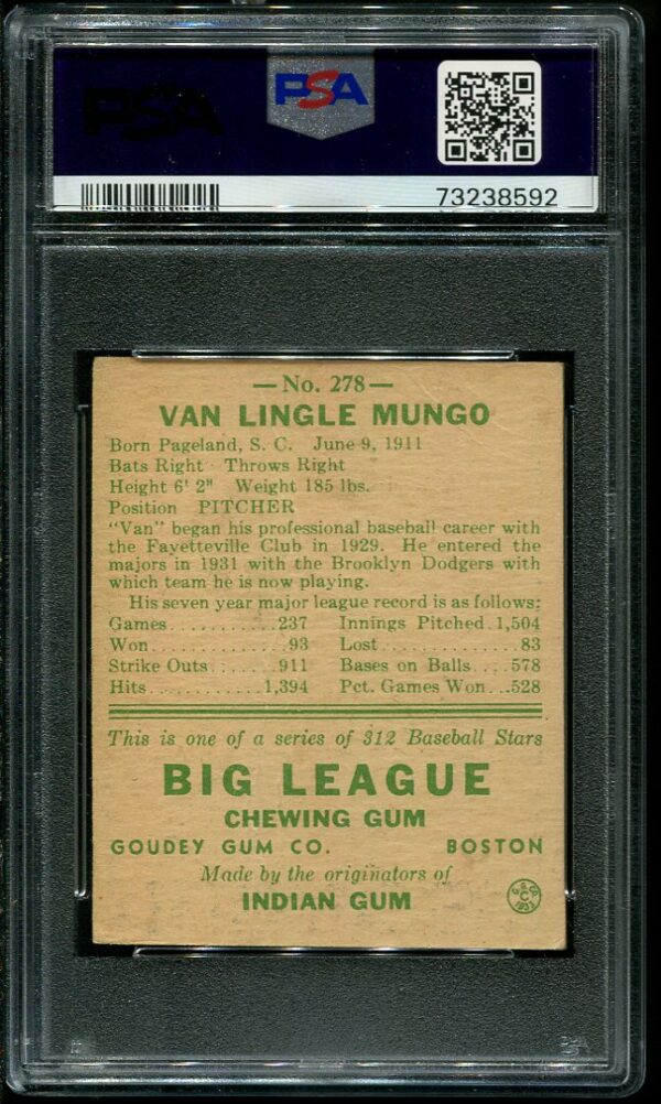 Authentic 1938 Goudey #278 Van Lingle Mungo PSA 1 Vintage Baseball Card