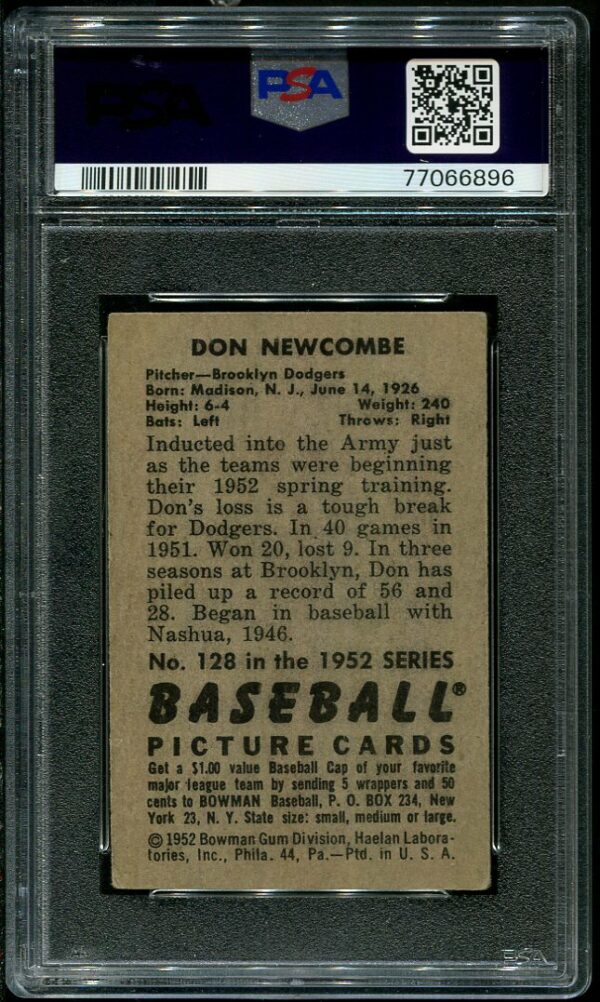 Authentic 1952 Bowman #128 Don Newcombe PSA 3.5 Baseball Card
