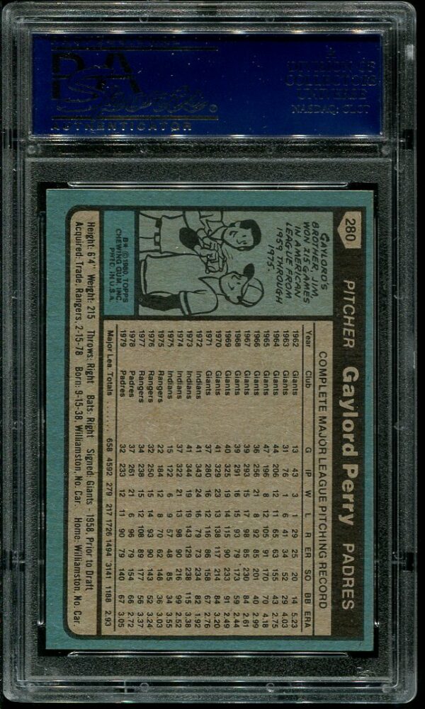 Authentic 1980 Topps #280 Gaylord Perry PSA 10 Baseball Card