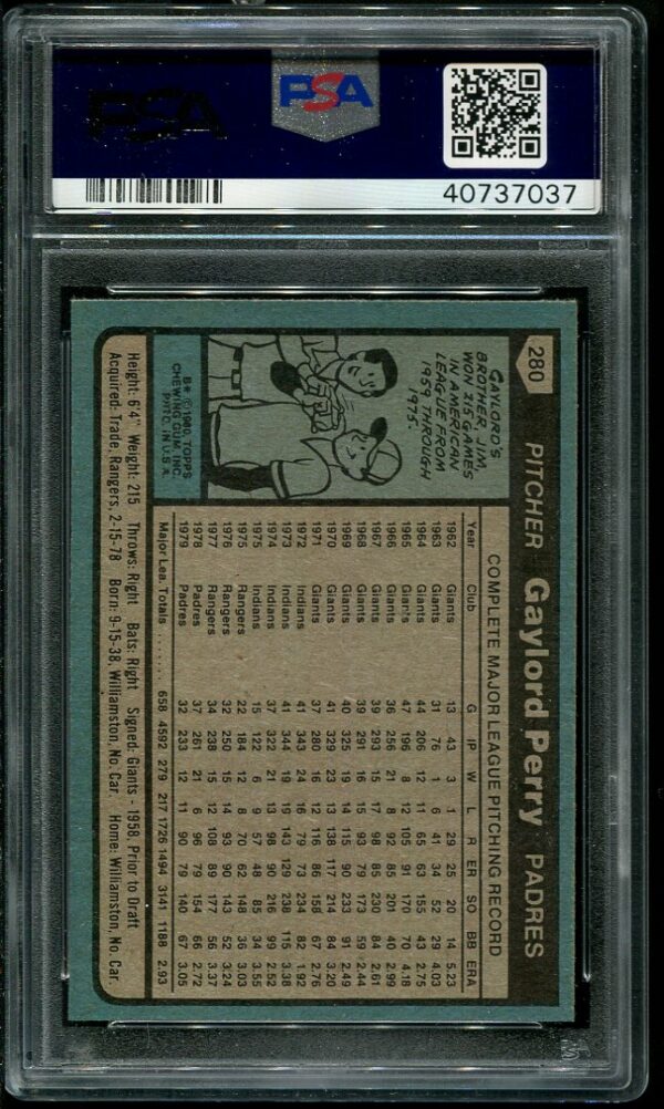Authentic 1980 Topps #280 Gaylord Perry PSA 10 Baseball Card