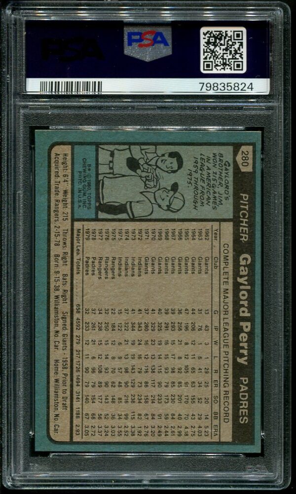 Authentic 1980 Topps #280 Gaylord Perry PSA 8 Baseball Card