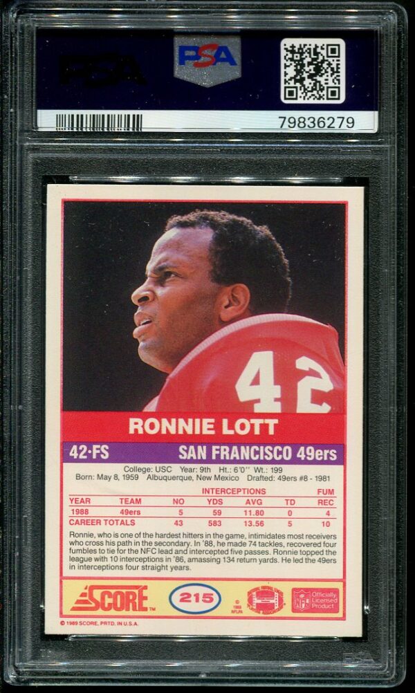 Authentic 1989 Score #215 Ronnie Lott PSA 9 Football Card