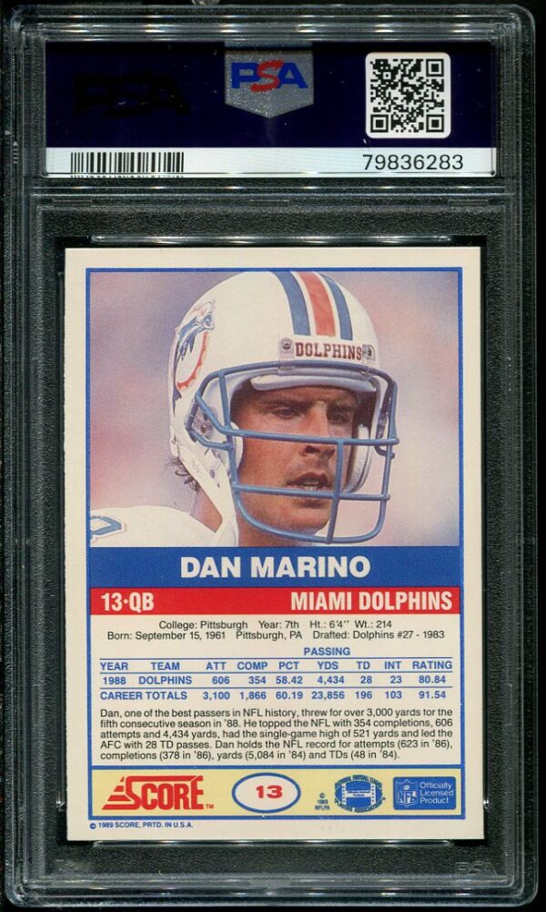 Authentic 1989 Score #13 Dan Marino PSA 9 Football Card