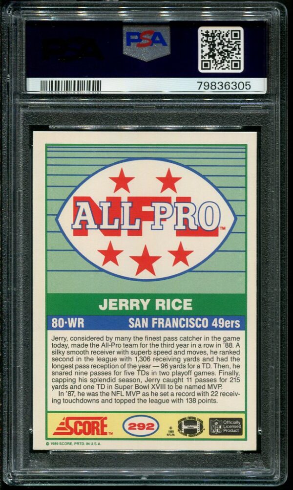 Authentic 1989 Score #292 Jerry Rice PSA 9 Football Card