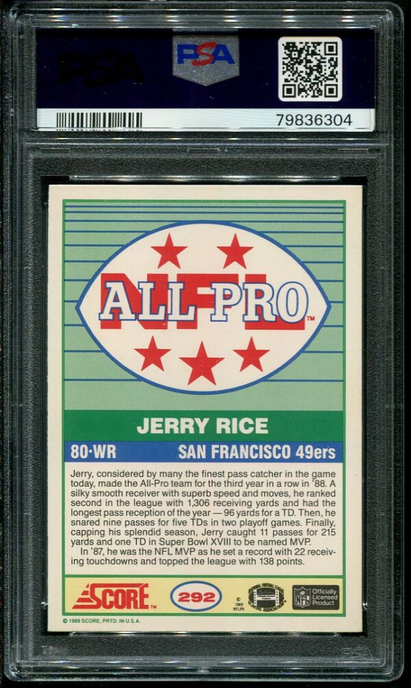 Authentic 1989 Score #292 Jerry Rice PSA 9 Football Card